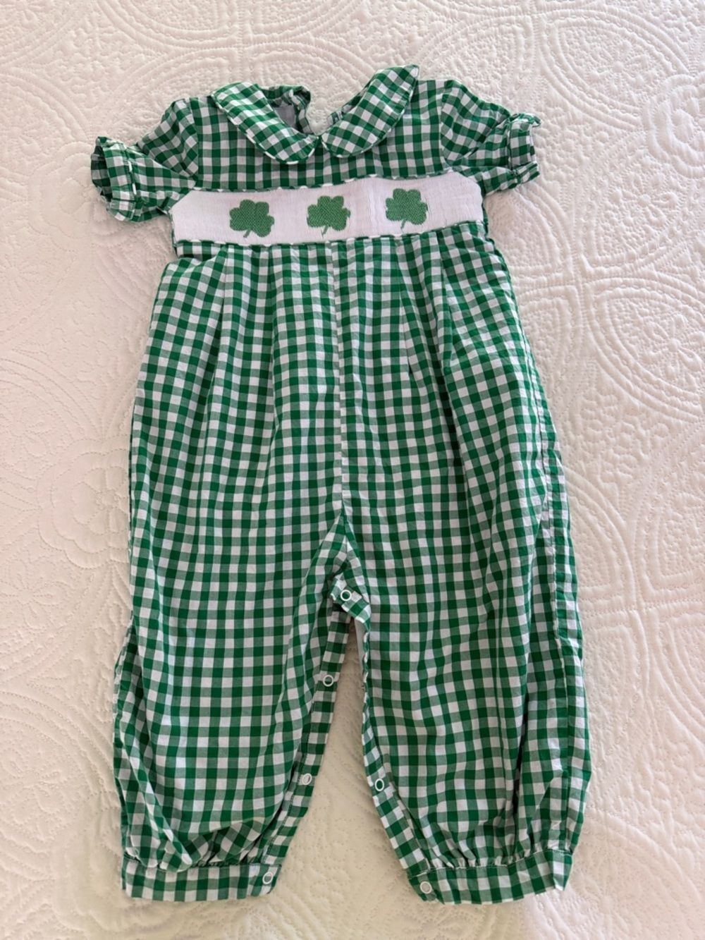Cecil and Lou smocked shamrock long romper